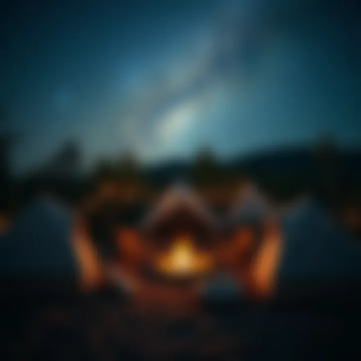 A cozy campsite setup with tents and a campfire under the stars