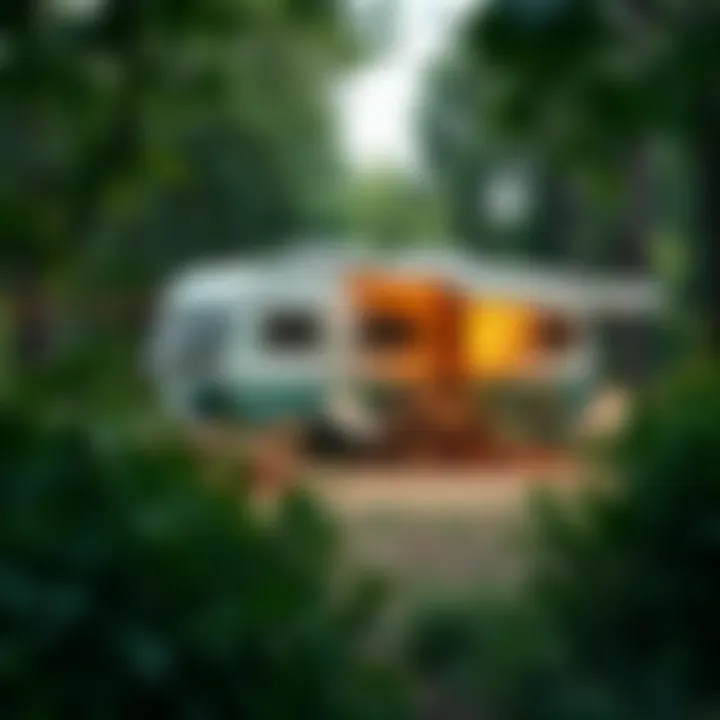A cozy caravan setup surrounded by lush greenery