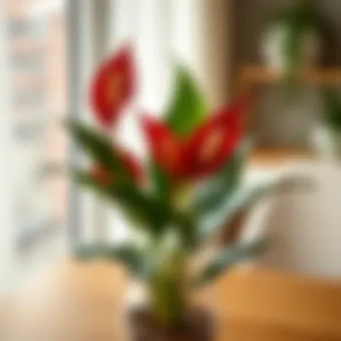 A well-lit indoor setting showcasing a red peace lily