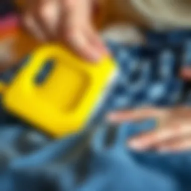 Demonstration of using a lint remover on clothing