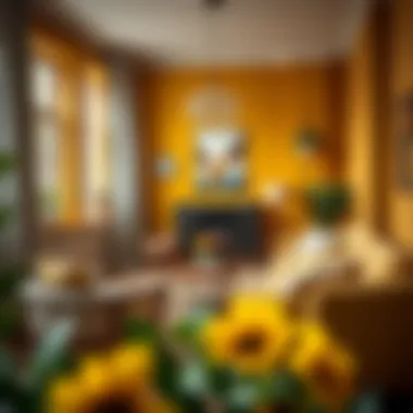 A cozy living room featuring dark yellow wall paint