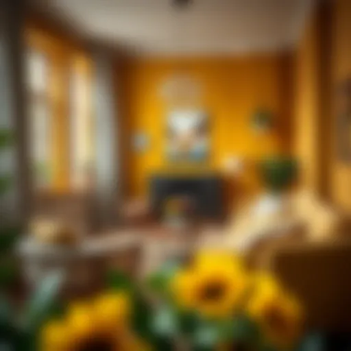 A cozy living room featuring dark yellow wall paint