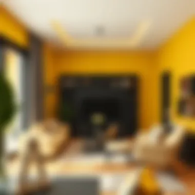 Interior design showcasing dark yellow walls in a modern setting