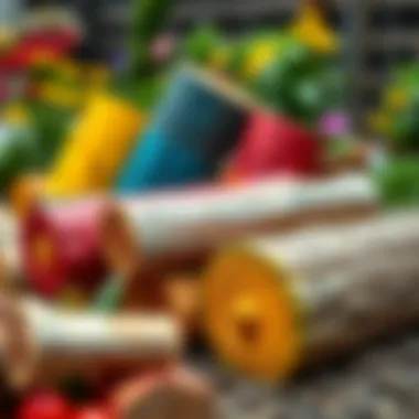 Colorful painted logs arranged in a garden setting