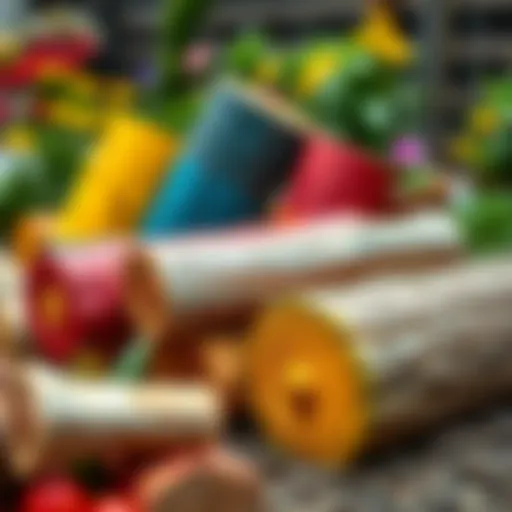 Colorful painted logs arranged in a garden setting