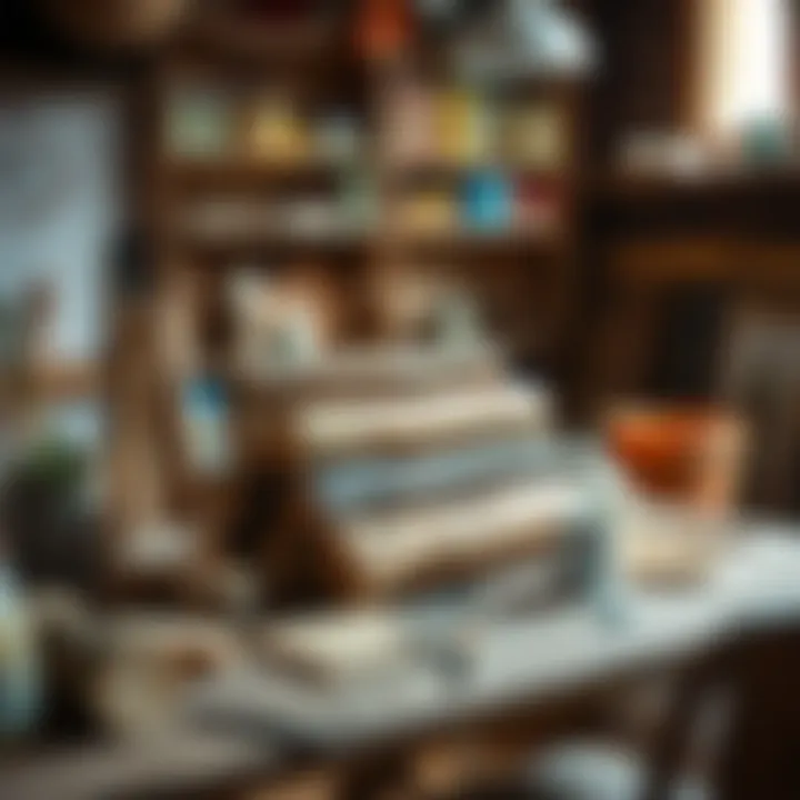 DIY workspace with painting supplies and logs