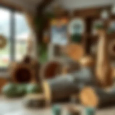 Finished log art displayed in a creative arrangement