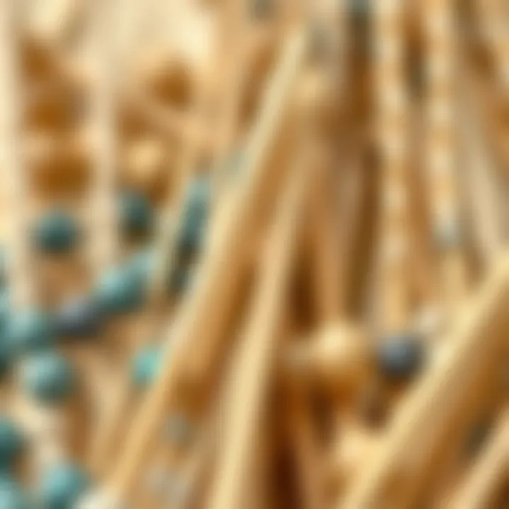 Close-up of wooden sticks and beads ready for macrame projects