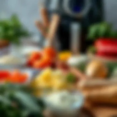 Diverse Ingredients for Air Frying A variety of fresh ingredients laid out for air frying