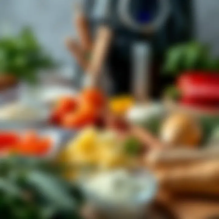 Diverse Ingredients for Air Frying A variety of fresh ingredients laid out for air frying