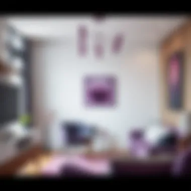 A modern interior featuring purple and black decor elements.