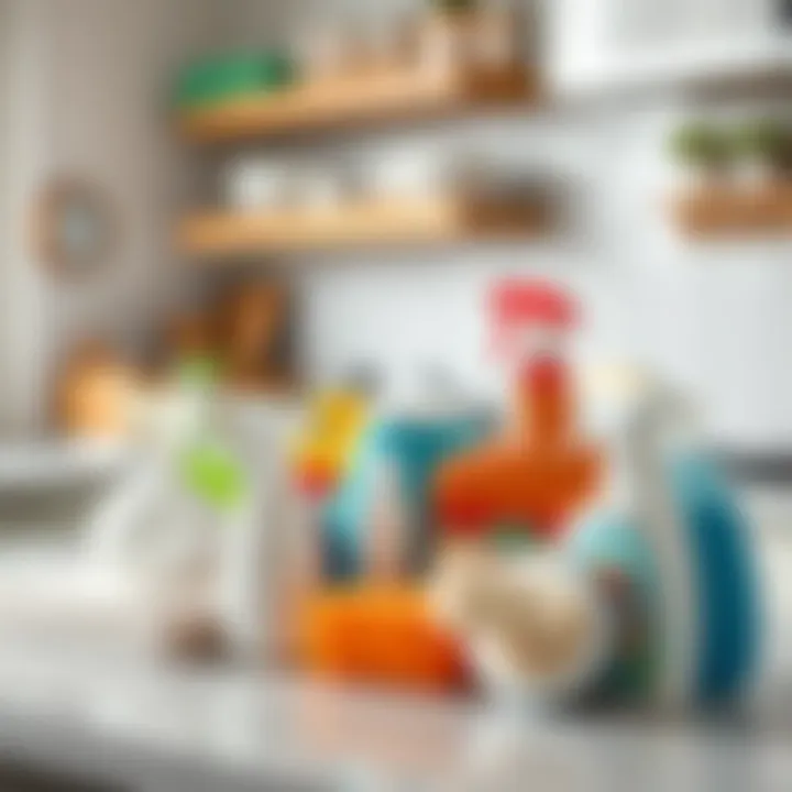 Various cleaning supplies on a kitchen counter