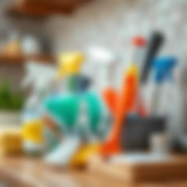 Organized cleaning tools and supplies for kitchen maintenance