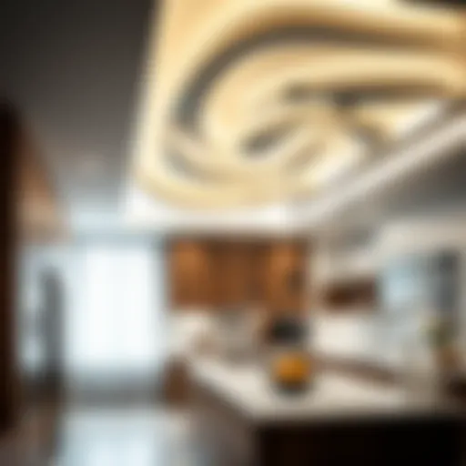 Elegant modern kitchen with a unique ceiling design
