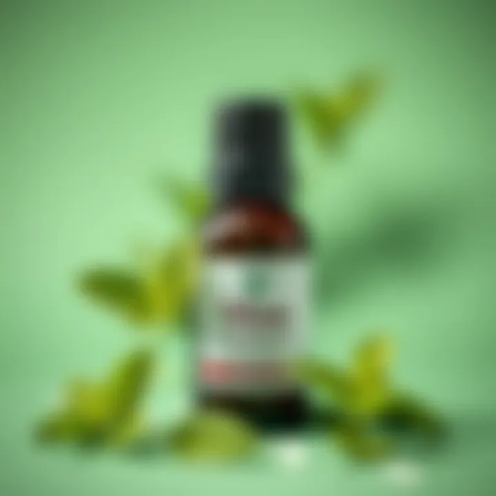 Close-up of mint essential oil bottle with green background
