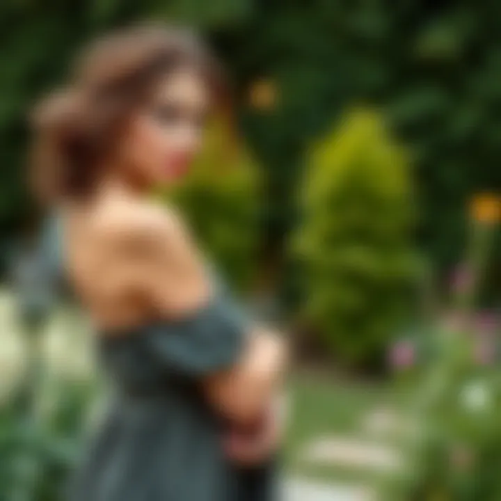 A model posing elegantly in a lush garden