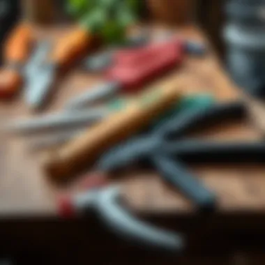 Pruning tools neatly arranged on a wooden table
