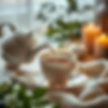 An elegant teapot pouring freshly brewed tea into a delicate cup, surrounded by cozy decor