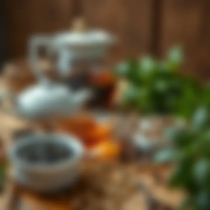 A beautiful arrangement of various tea leaves and herbs on a wooden table, enhancing the tea culture