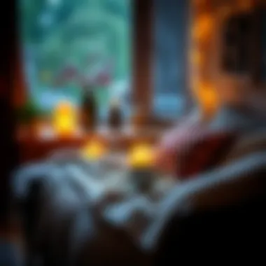 A cozy living room setting with a warm blanket and a cup of tea, perfectly illustrating comfort during rain