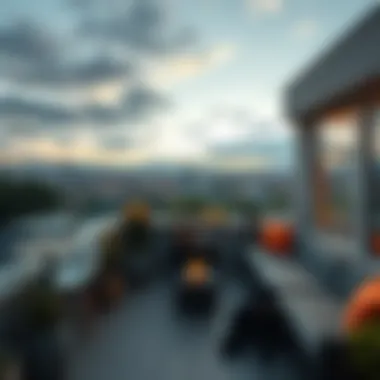 Serene rooftop balcony overlooking the city skyline