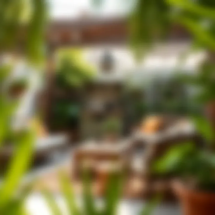 Cozy outdoor setting with rustic furniture and greenery