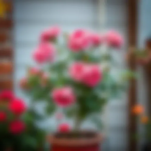 Vibrant Blooms of a Potted Rose Tree Beautiful potted rose tree in full bloom showcasing vibrant colors.
