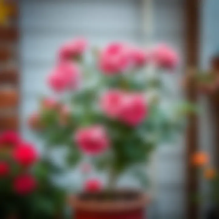 Vibrant Blooms of a Potted Rose Tree Beautiful potted rose tree in full bloom showcasing vibrant colors.