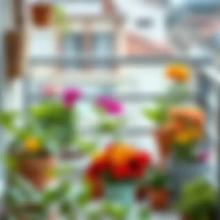 A serene balcony setup with various potted flowers