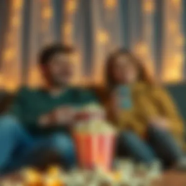 Couple enjoying a cozy movie night with popcorn