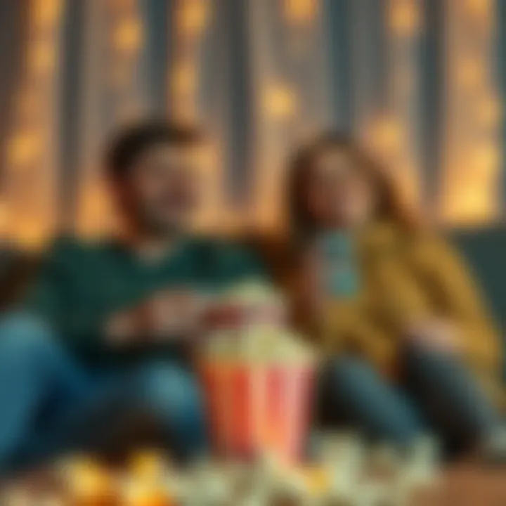 Couple enjoying a cozy movie night with popcorn