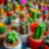 A vibrant display of various small cactus species in decorative pots