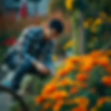 A gardener tending to autumn flowers with care