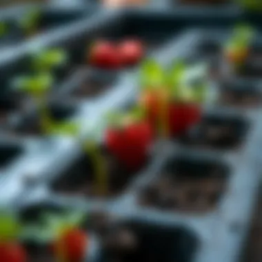 Seedlings sprouting from strawberry seeds in a garden tray