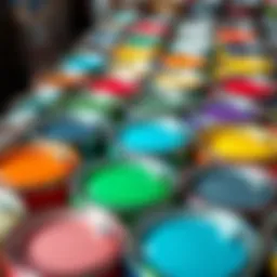 An array of water-based paint cans in various colors