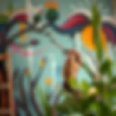 An artist painting a mural with water-based paints