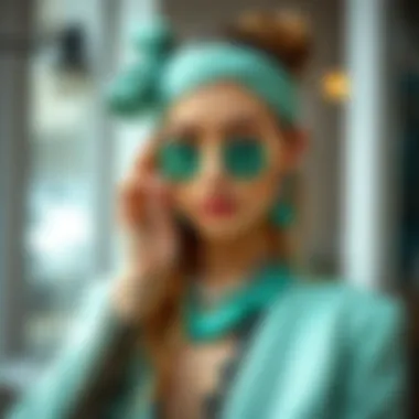 Fashion ensemble highlighting aqua green in various accessories