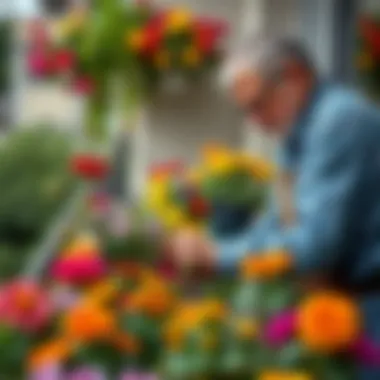 A gardener tending to colorful balcony flowers