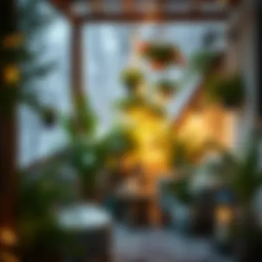 A cozy corner in a terrace winter garden with ambient lighting and unique plant arrangements