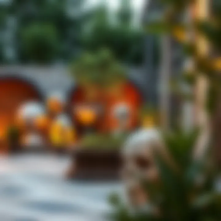 Contemporary terrace with artistic sculptures and seating areas