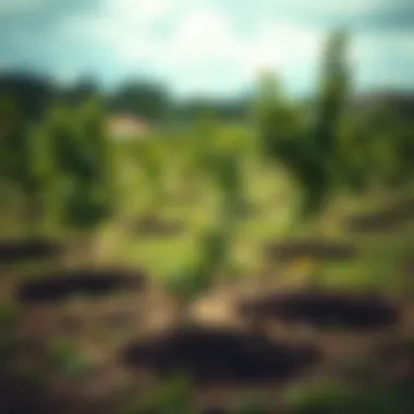 A lush green landscape showing newly planted trees thriving.