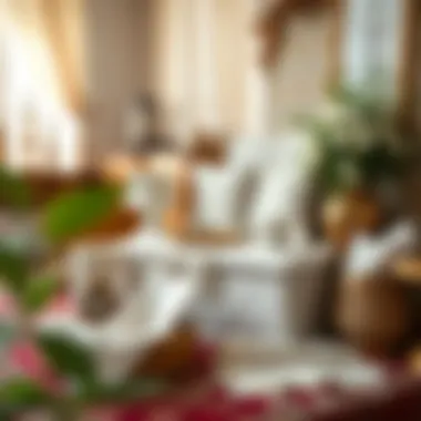 Traditional Wedding Trousseau Display A beautifully arranged traditional wedding trousseau showcasing intricate linens and decorative items