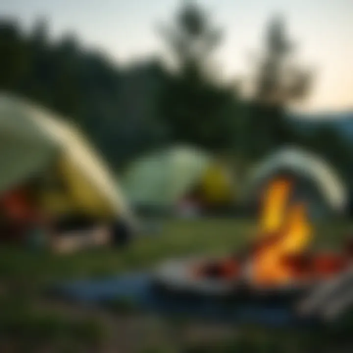 A well-equipped campsite with tents and a campfire
