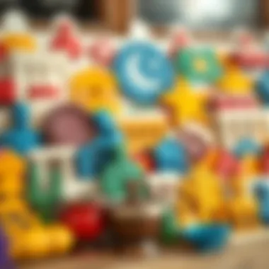 A collage of cultural symbols in various colors