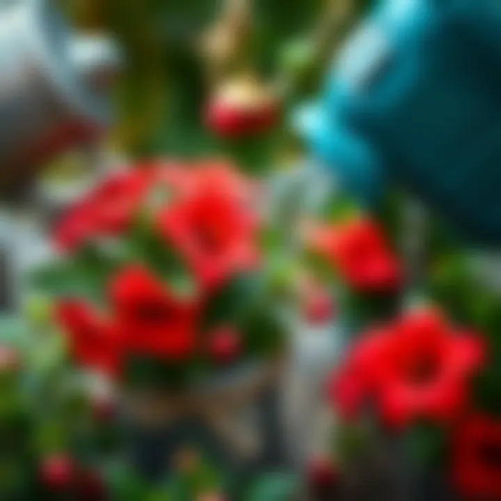 Close-up of watering can pouring water onto Christmas flower plant