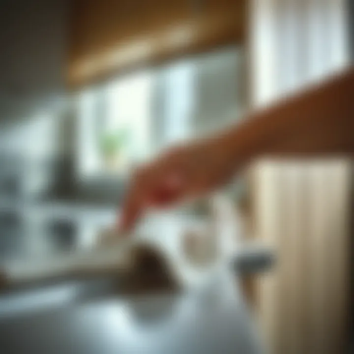 A person carefully wiping the surface of a kitchen cabinet