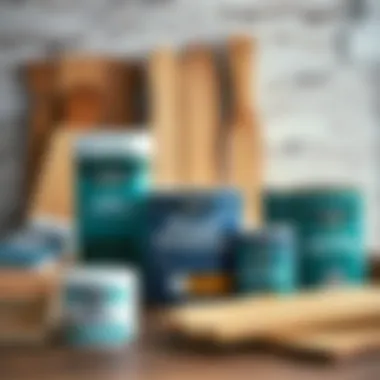 Selection of wood finishing products arranged neatly