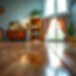 Close-up view of polished wooden floor reflecting light