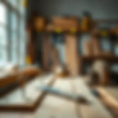 A serene workshop setting with tools and wooden planks