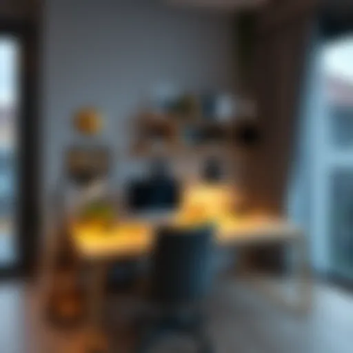 A modern workspace with ambient lighting